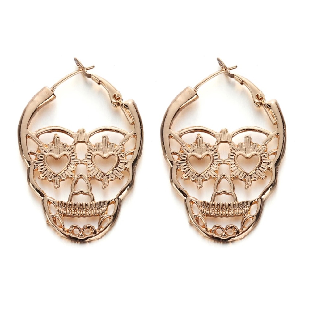 Gold Punk Rock Skull Earrings - Picture 2 of 9